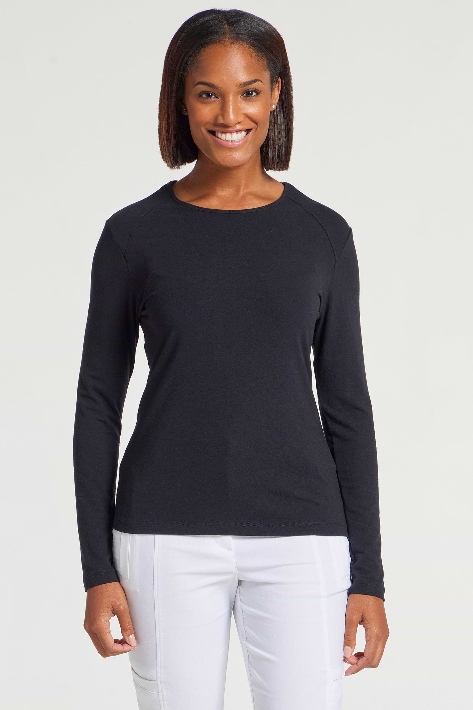 The Best Travel Top. Woman Showing the Front Profile of a Tony Pima Cotton Long-Sleeve Top in Black