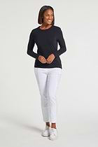 The Best Travel Top. Woman Showing the Front Profile of a Tony Pima Cotton Long-Sleeve Top in Black