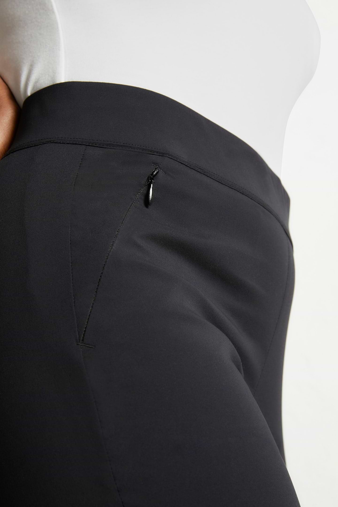 The Best Travel Pants. Front Zipper Pocket of the Jamie Lee Pull-on Pant in Black