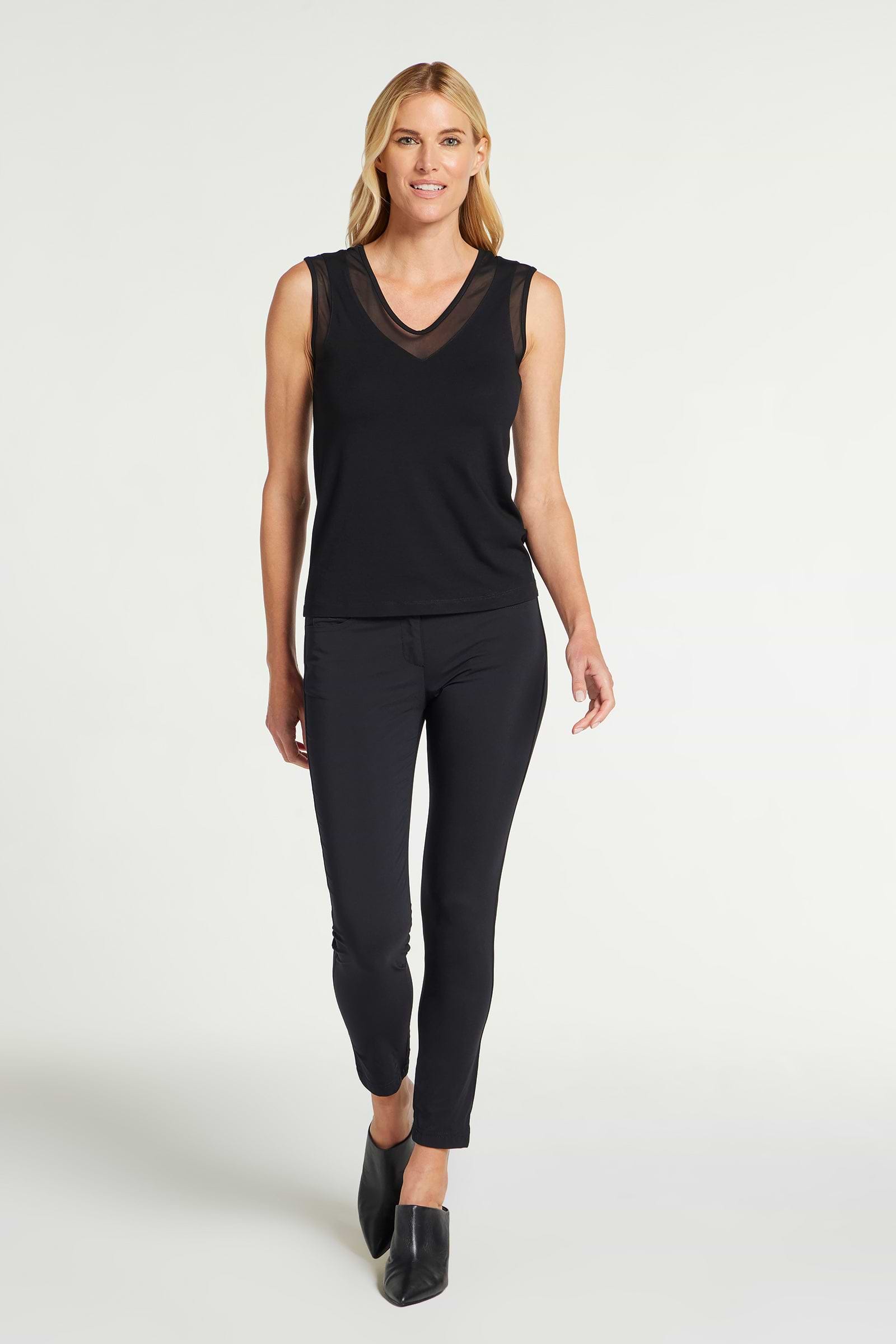 The Best Travel Tank Top. Woman Showing the Front Profile of a Jackson Pima Tank in Black.