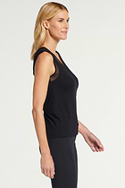 The Best Travel Tank Top. Woman Showing the Side Profile of a Jackson Pima Tank in Black.