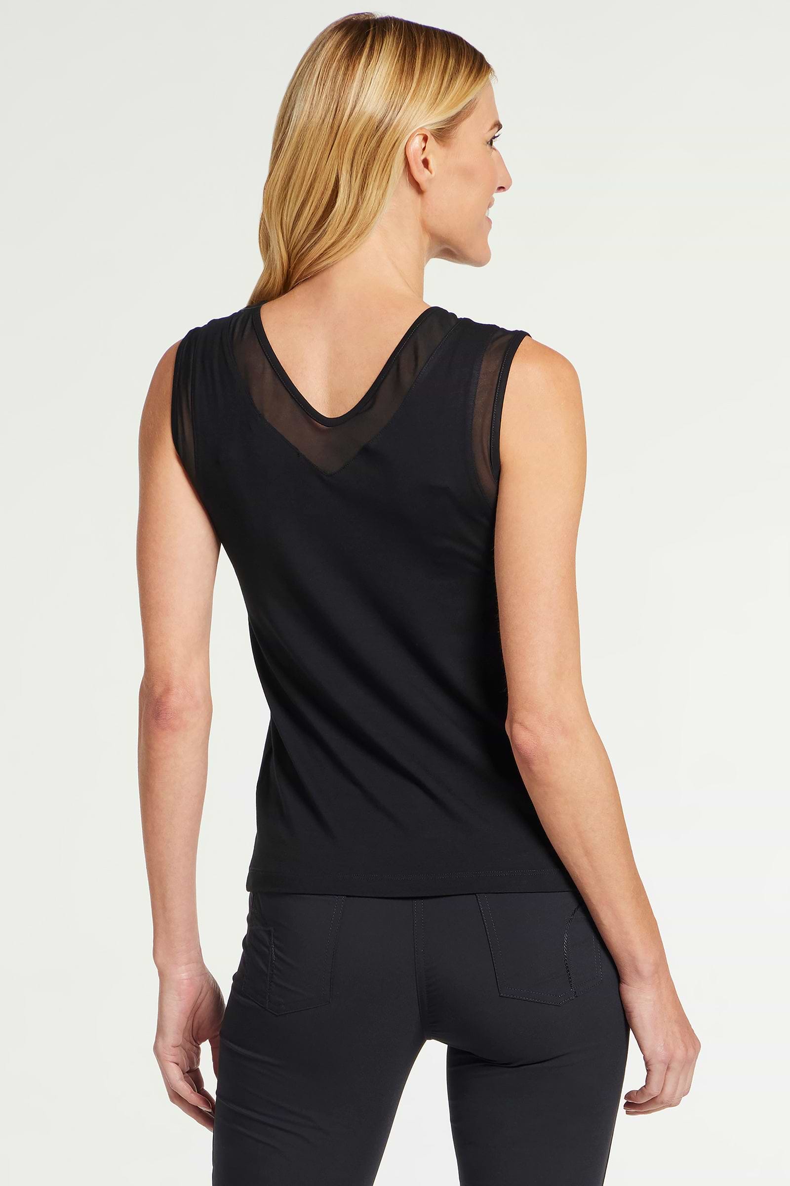 The Best Travel Tank Top. Woman Showing the Back Profile of a Jackson Pima Tank in Black.