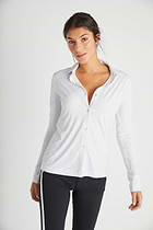 The Best Travel Top. Woman Showing the Front Profile of a Danica Snap On Super Jersey Top in White