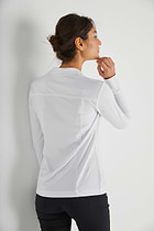 The Best Travel Top. Woman Showing the Back Profile of a Danica Snap On Super Jersey Top in White