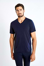 The Best Travel Top. Man Showing the Front Profile of a Men's Vince Top in Navy.