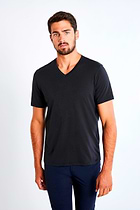 The Best Travel Top. Man Showing the Front Profile of a Men's Vince Top in Black.
