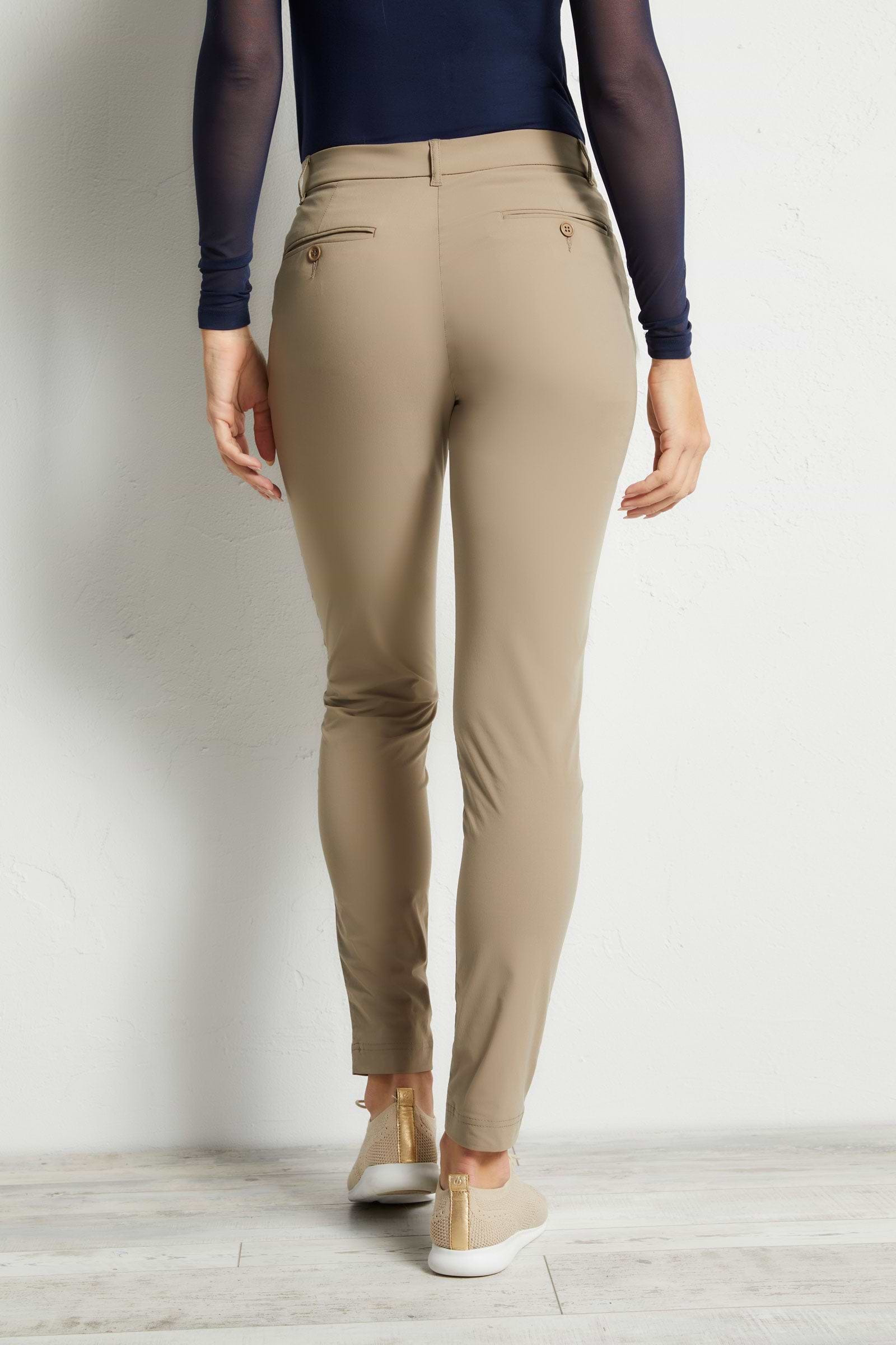 The Best Travel Pants. Back Profile of the Thea Curvy Pant in Khaki.