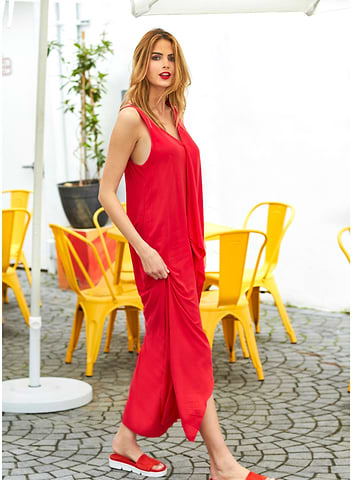 European Street Style Red V-Neck Maxi Dress 