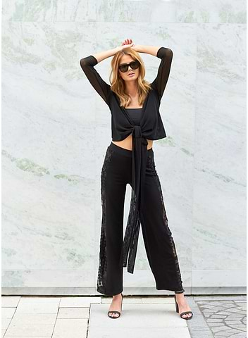 European Street Style Black Lace Wide Leg Pants 