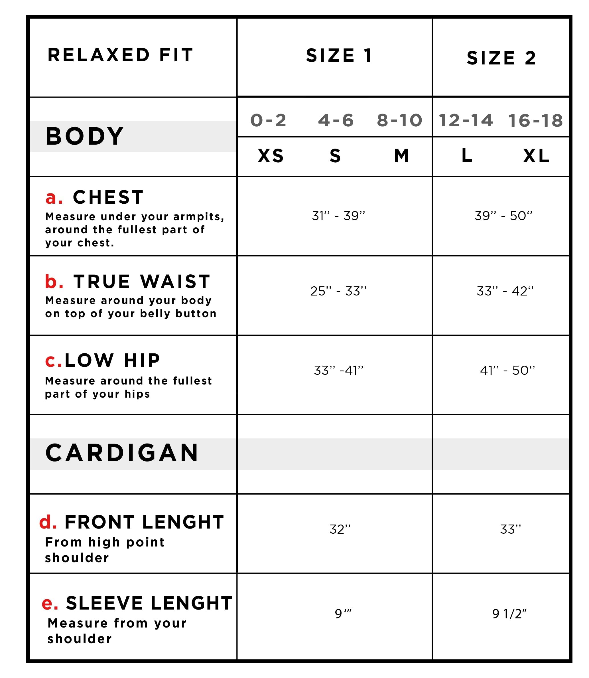 Dakota Comfy Basic Cardigan Size Chart