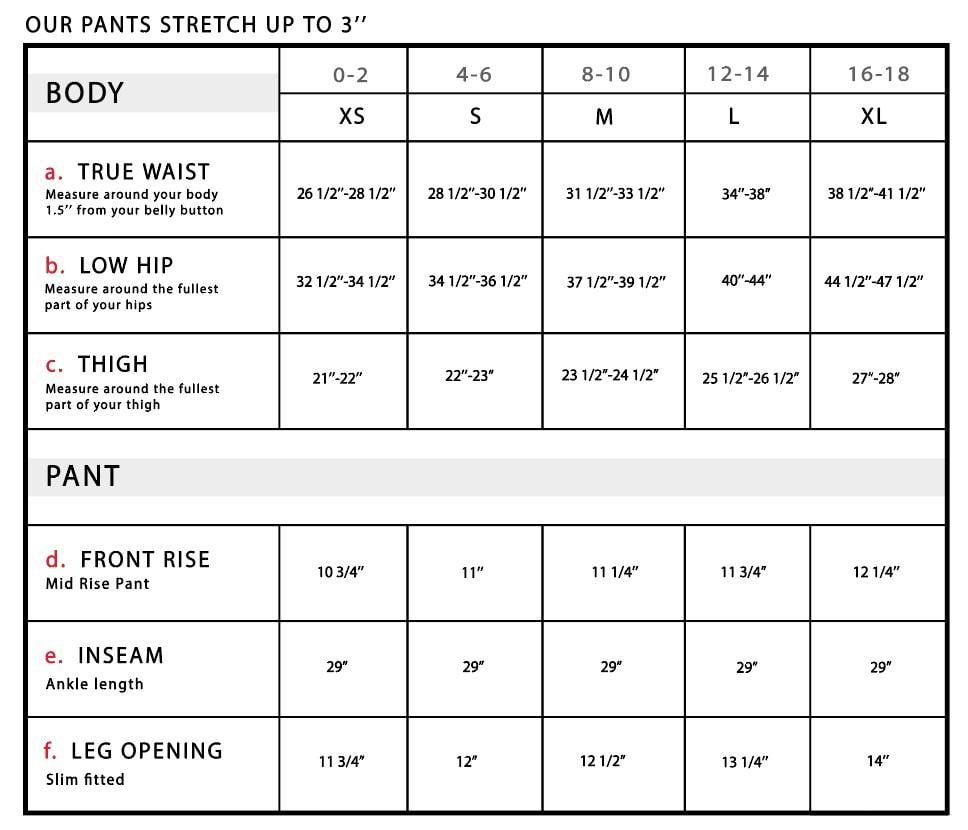 Faith Slim Fit Pant with Zipper Pocket Detail Size Chart