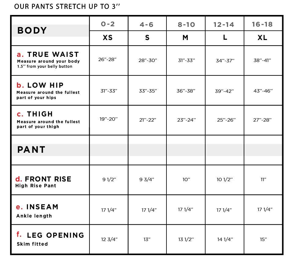 Juno Capri Shorts Size Chart