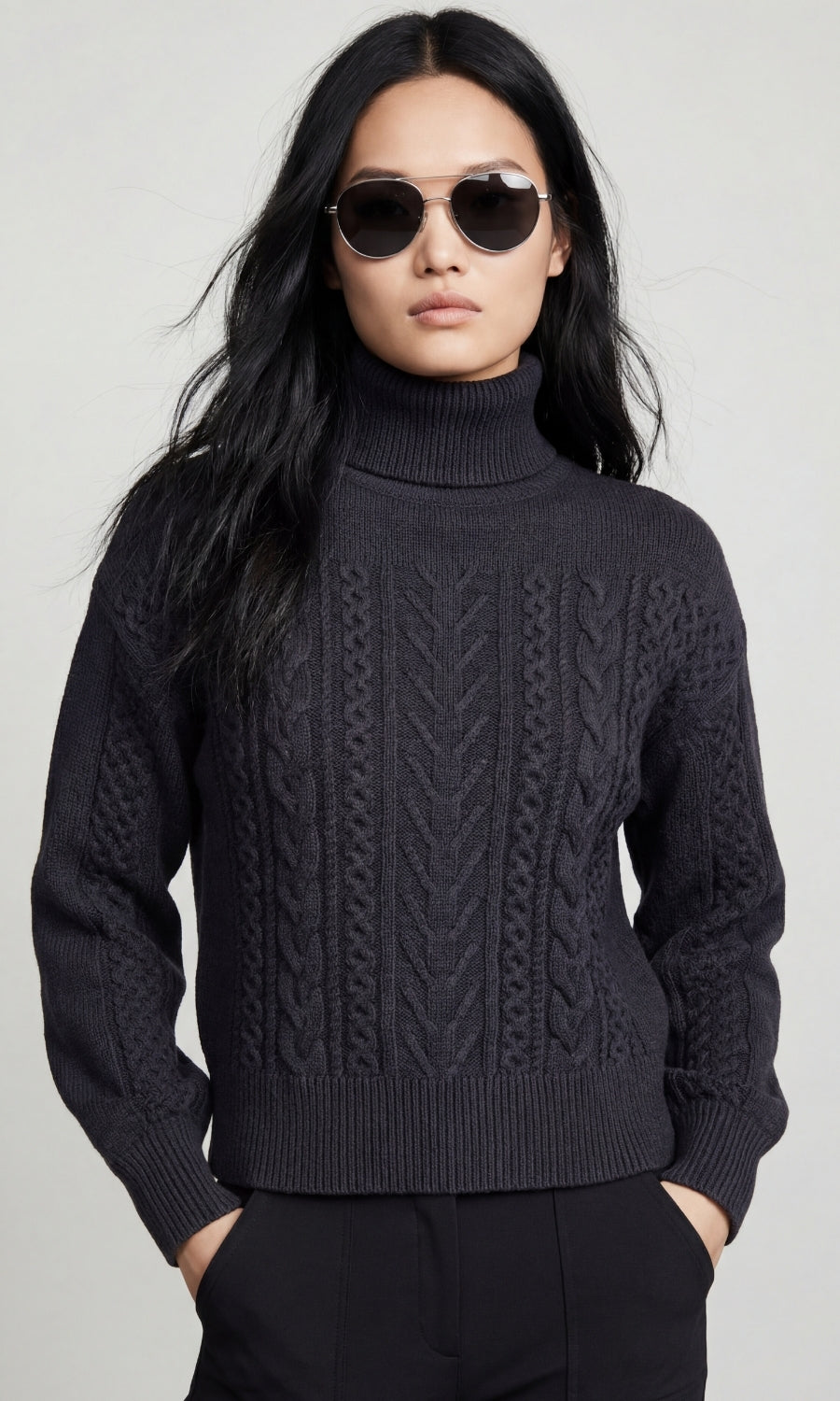 Wabi Mixed-Stitch Cable Knit Turtleneck Sweater