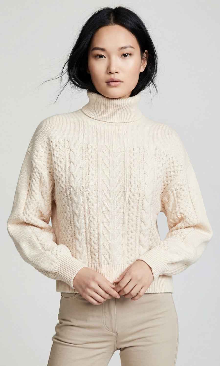 Wabi Mixed-Stitch Cable Knit Turtleneck Sweater