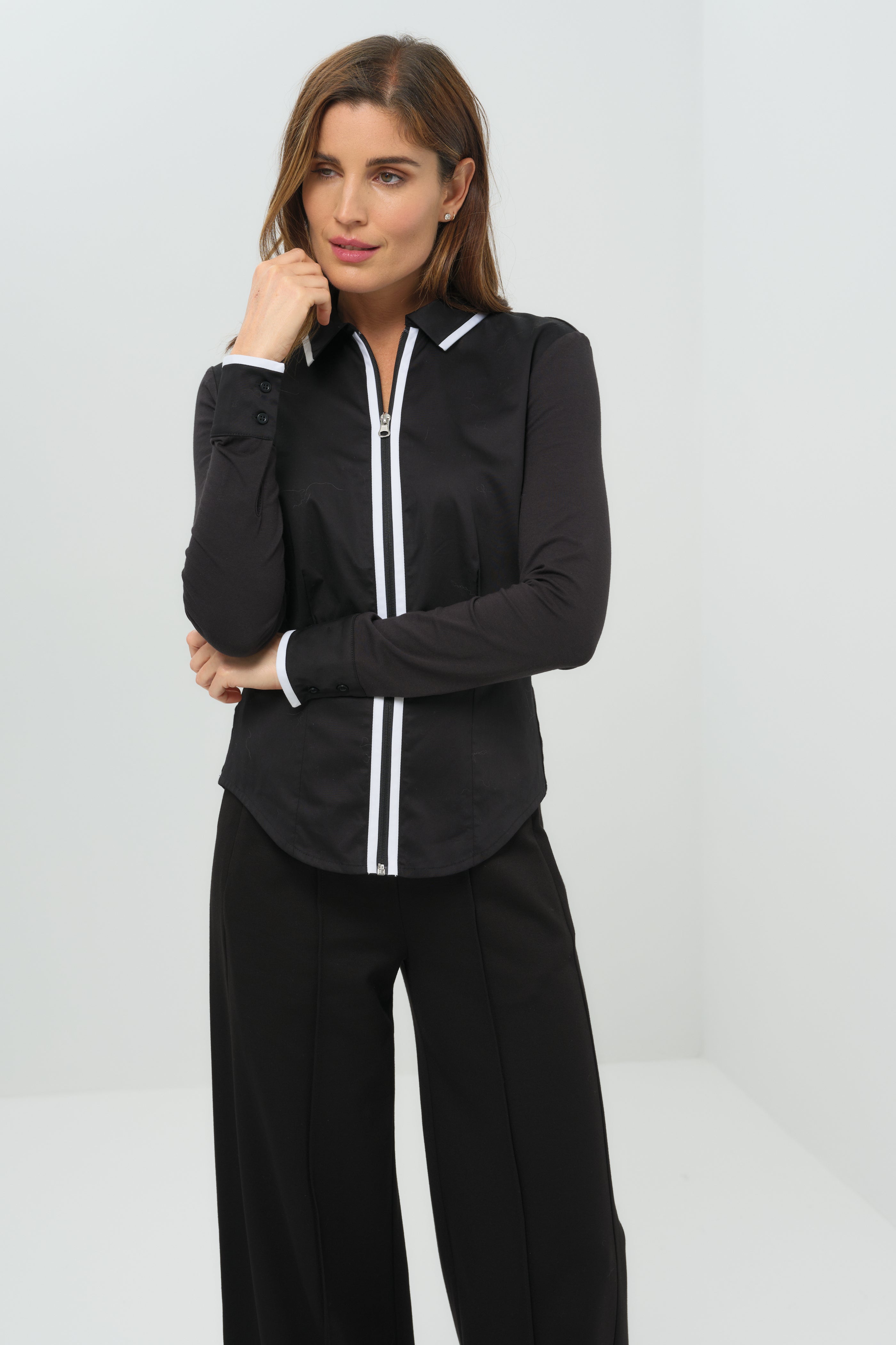 Bruna Collared Zip Top with Poplin Front