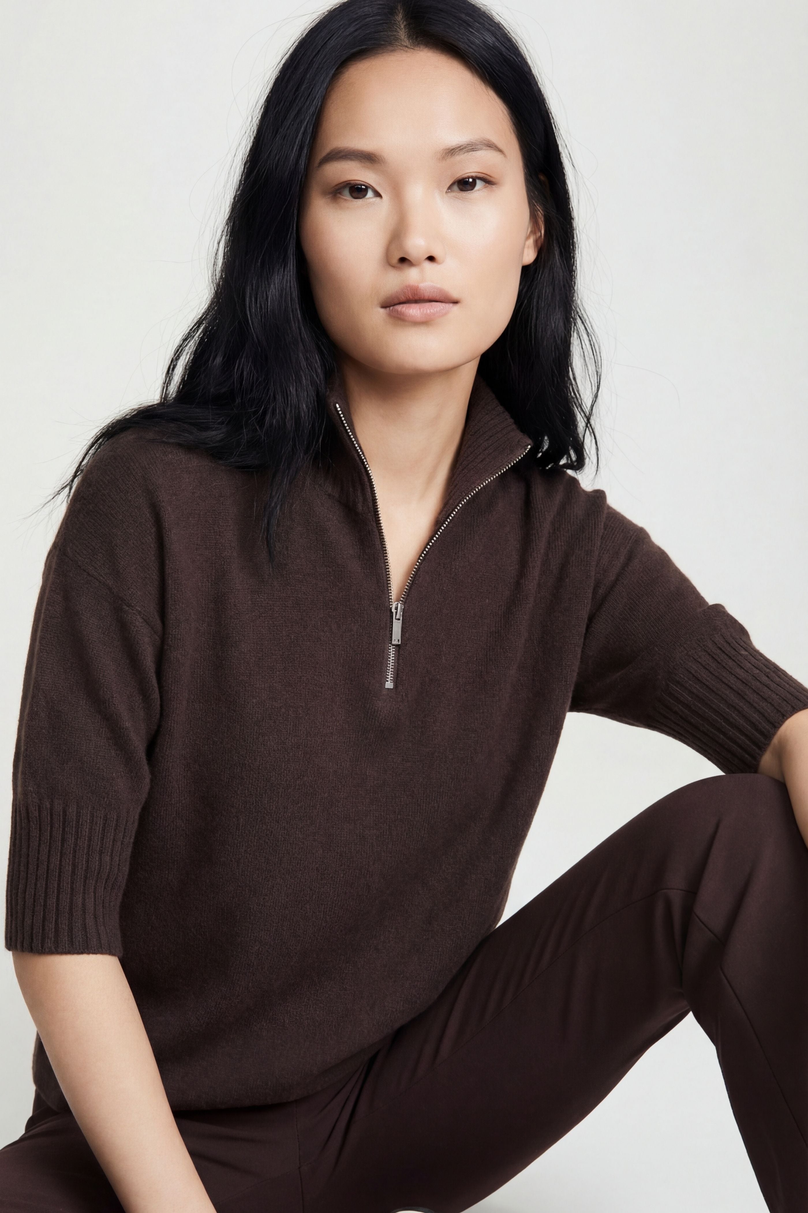 LUCELY // Elbow-Sleeve Quarter Zip Mock Neck