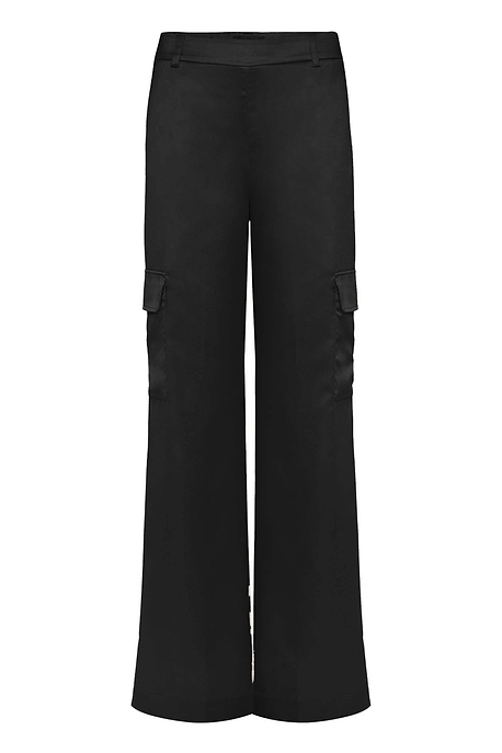 The Best Travel Pant. Flat Lay of a Candela Satin Pant in Black.