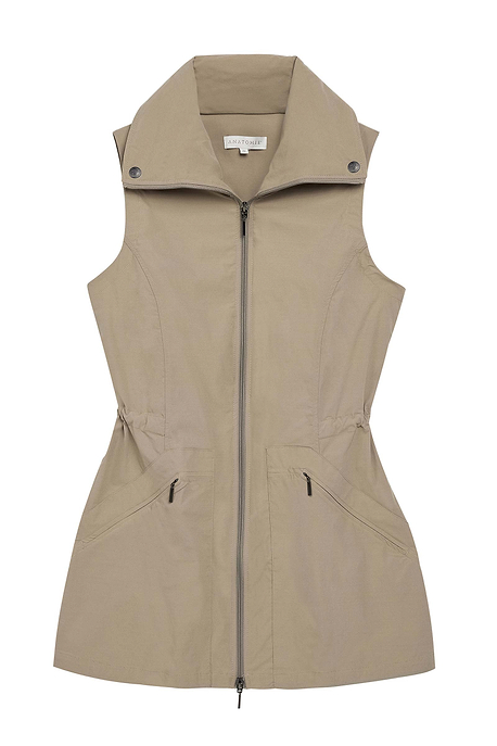 The Best Travel Vest. Flat Lay of a Delaney Travel Vest in Khaki.