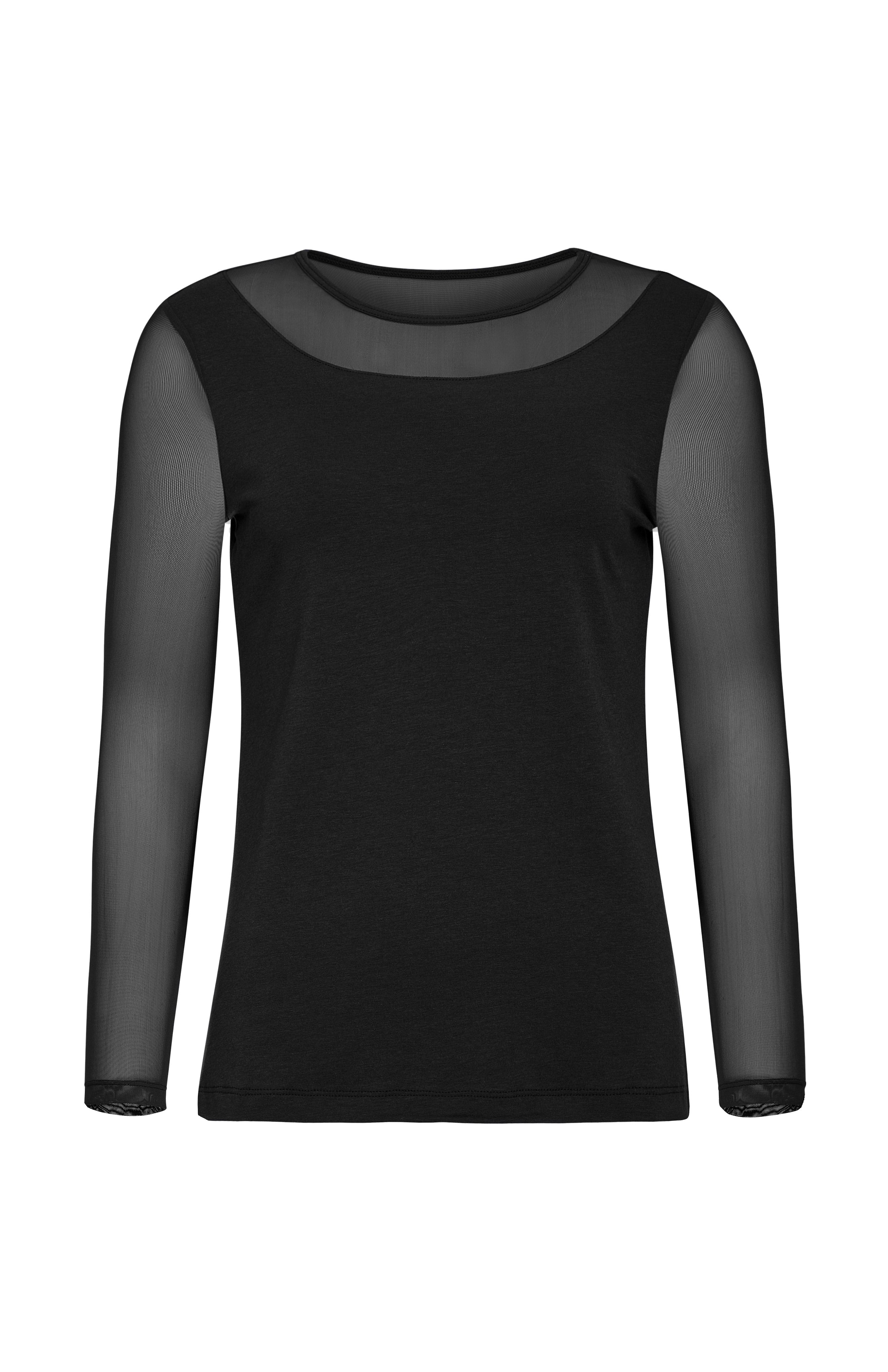 The Best Travel Top. Ghost image of Kim Mesh-Sleeve Top in Pima Modal in Black.