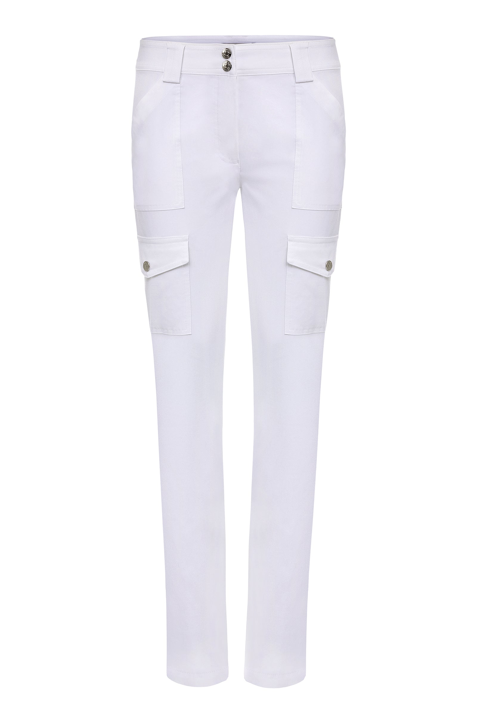 The Best Travel Cargo Pants. Flat Lay of the Kate Skinny Cargo Pant in White