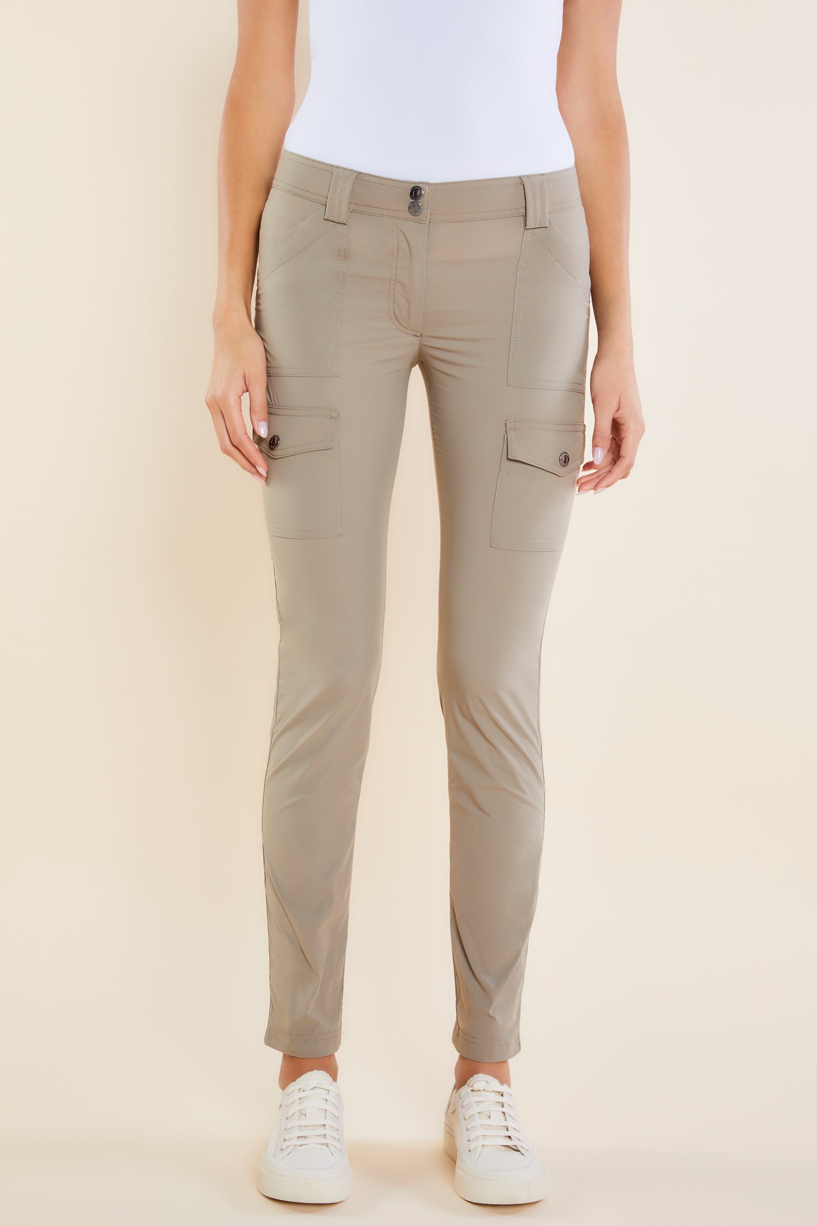 The Best Travel Cargo Pants. Front Profile of the Kate Skinny Cargo Pant in Khaki