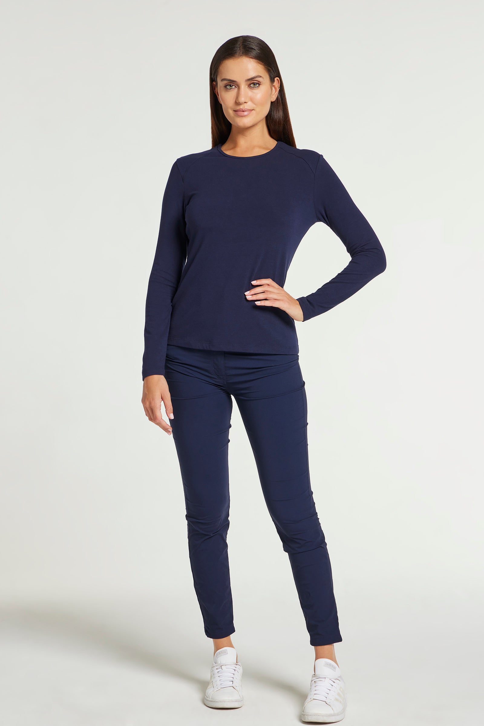 The Best Travel Top. Woman Showing the Front Profile of a Tony Pima Cotton Long-Sleeve Top in Navy