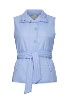 The Best Travel Vest. Flat Lay of an Ainslee Quilted Vest in Periwinkle with the Collar Down