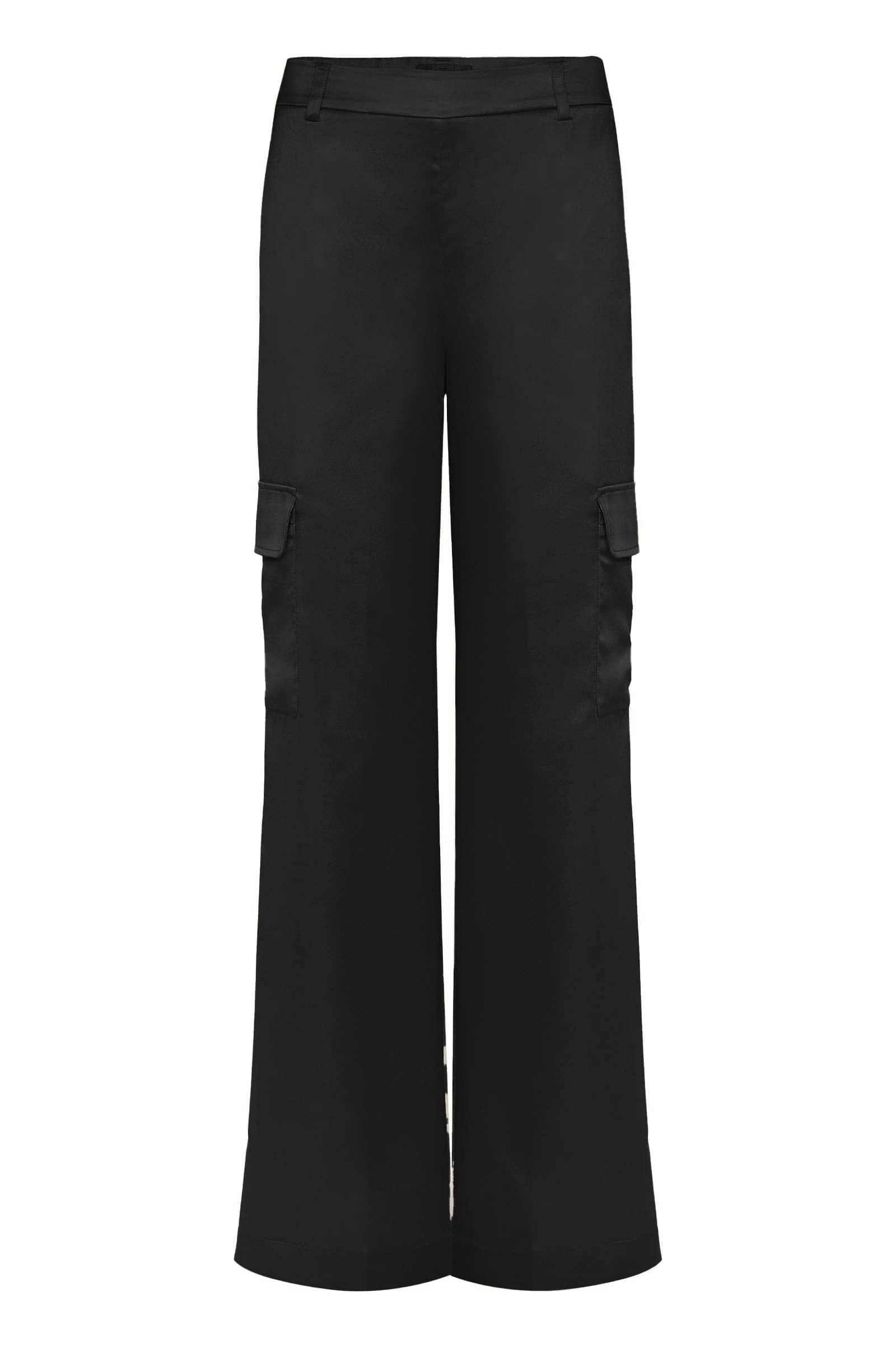 The Best Travel Pant. Flat Lay of a Candela Satin Pant in Black.