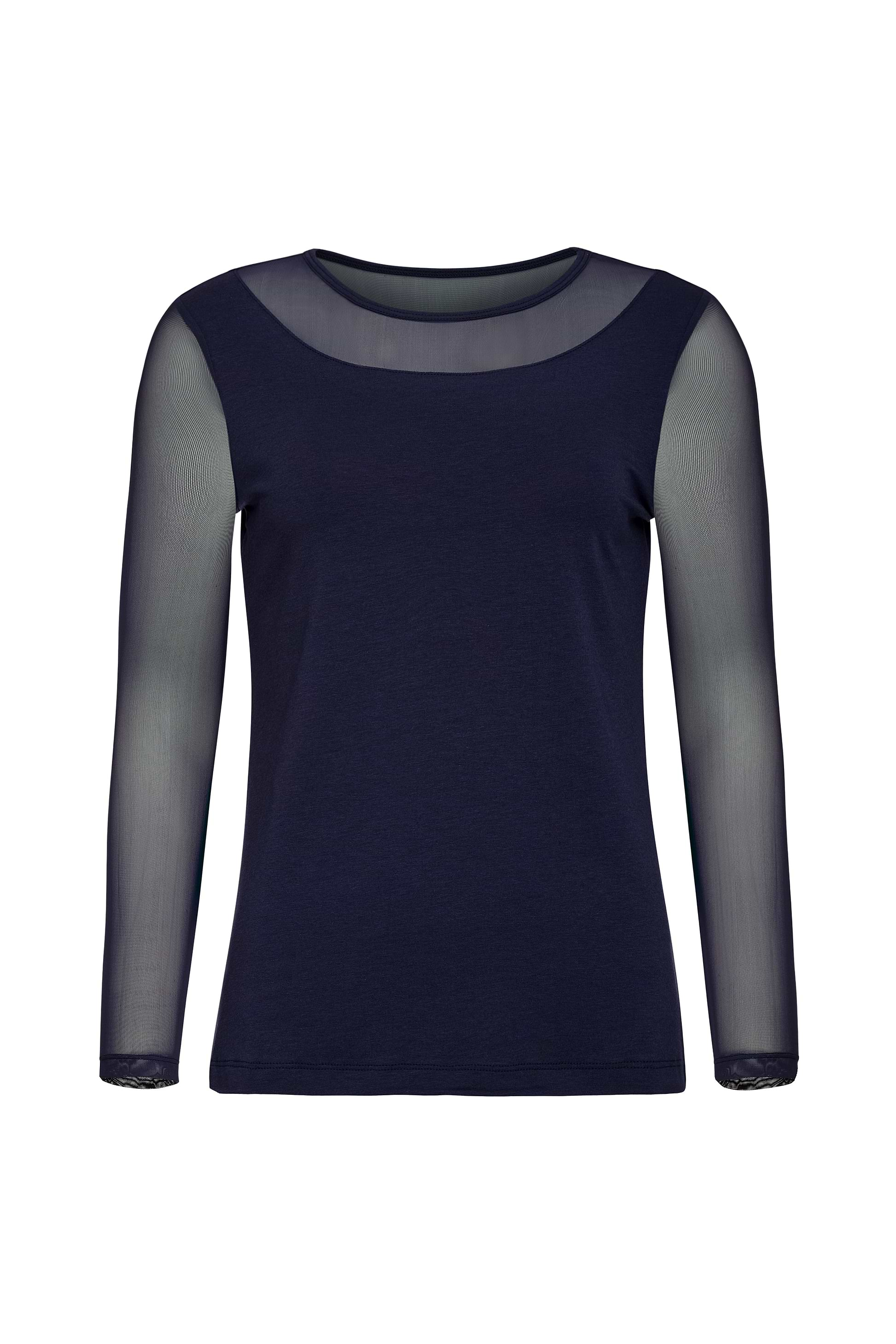 The Best Travel Top. Flat Lay of a Kim Mesh-Sleeve Top in Pima Modal in Navy.