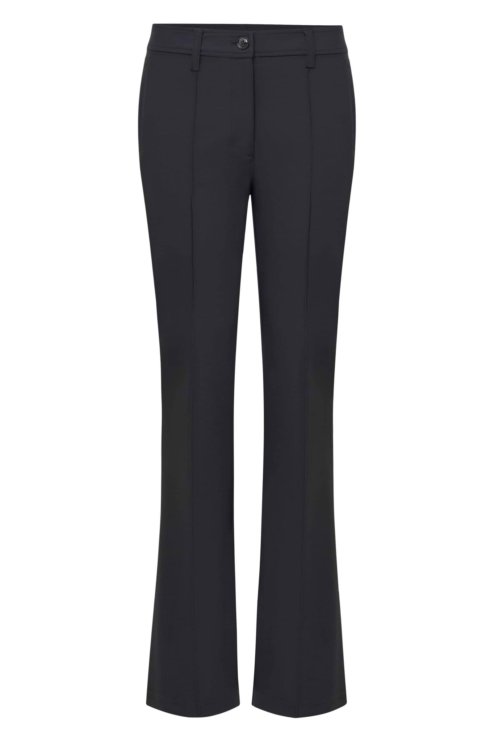 Front view of the Winny Black Pant by Anatomie, featuring a sleek, tailored fit with subtle front pleats and a mid-rise waist.