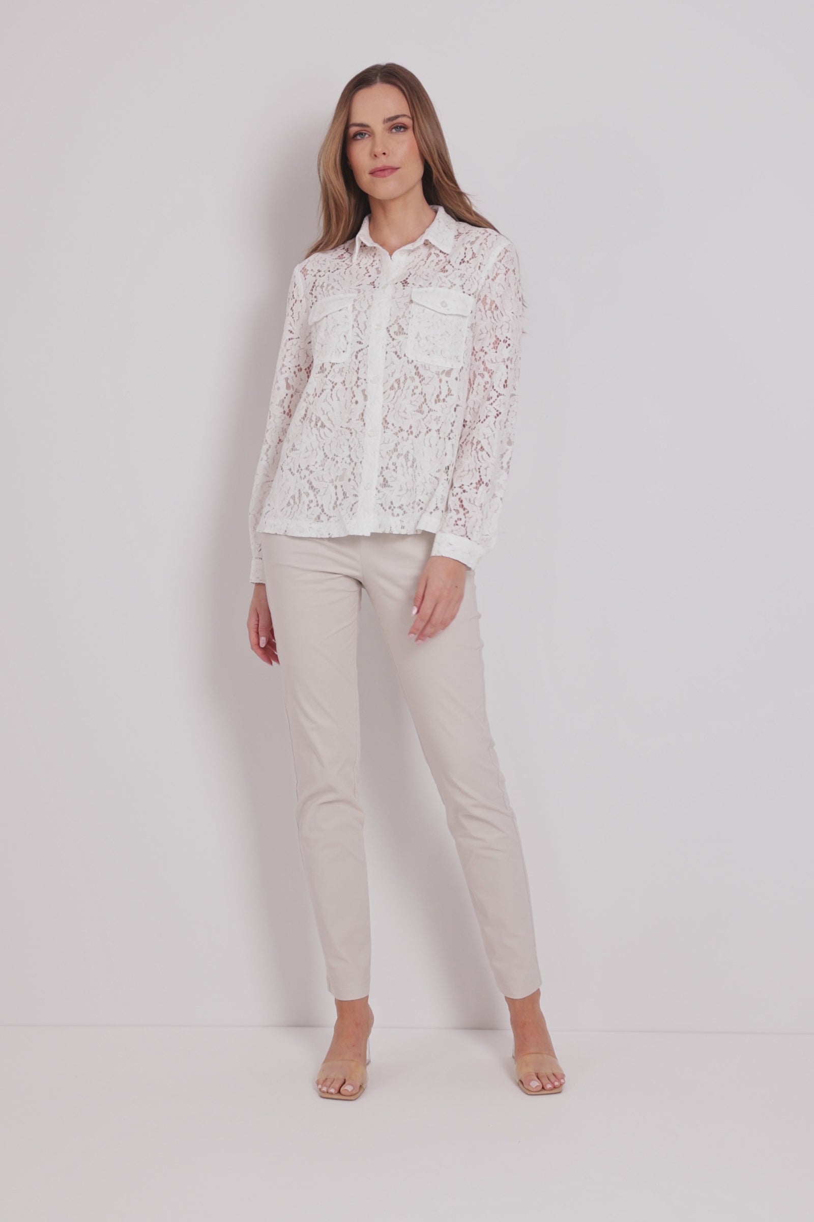 Video of an Estella Stretch Lace Button Up Top in Off White.