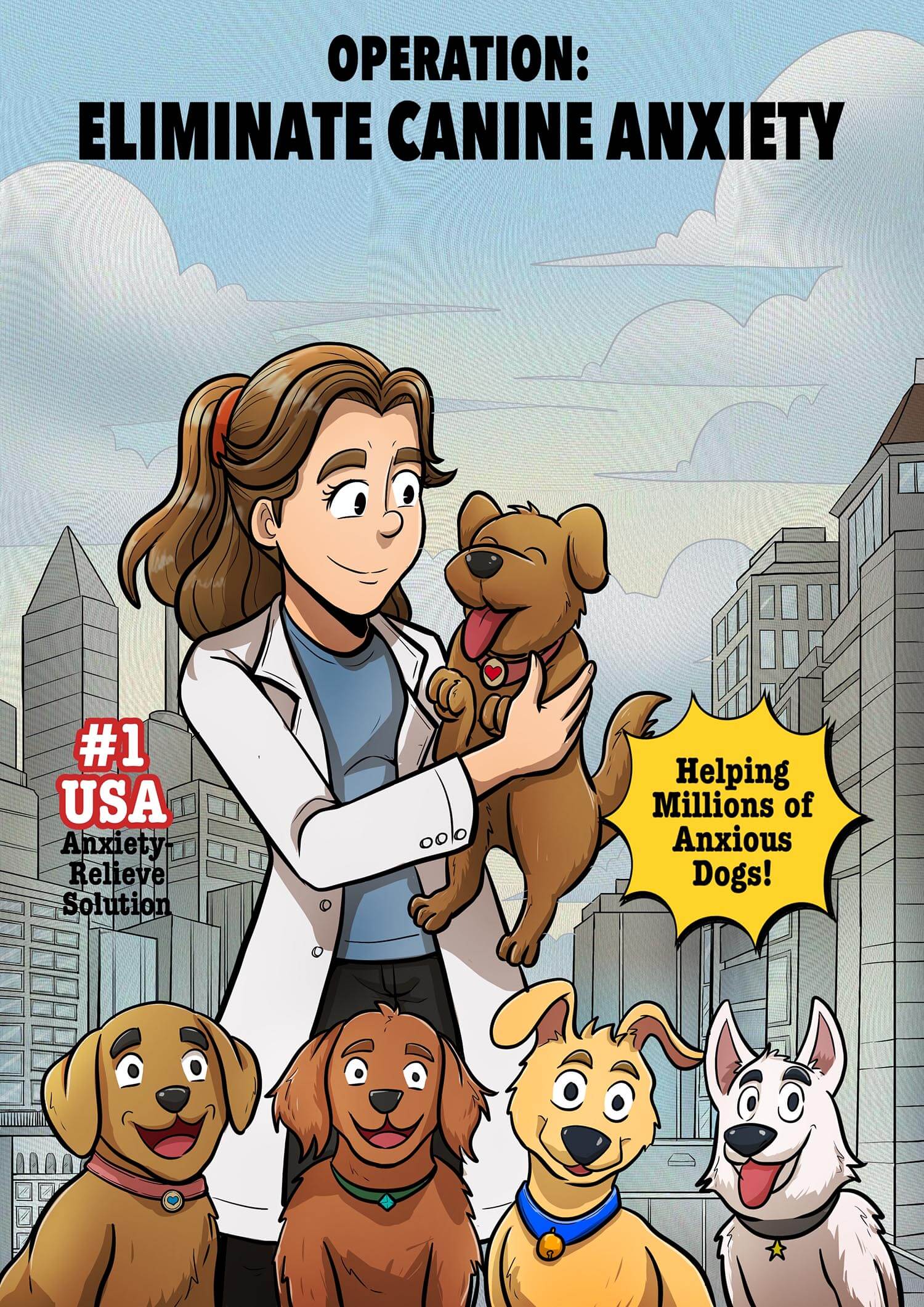 Cartoon of a veterinarian smiling and holding a happy dog, with more dogs at her feet and cityscape background.