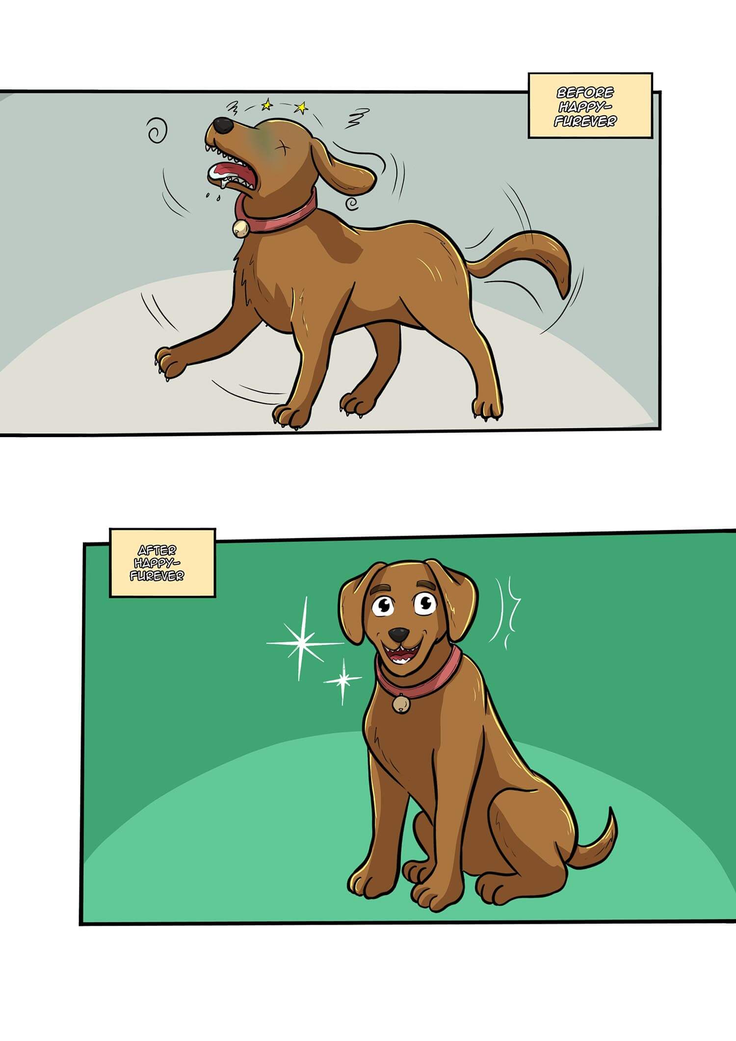 Two-panel comic of a dog before and after grooming, looking disheveled then well-groomed and happy.