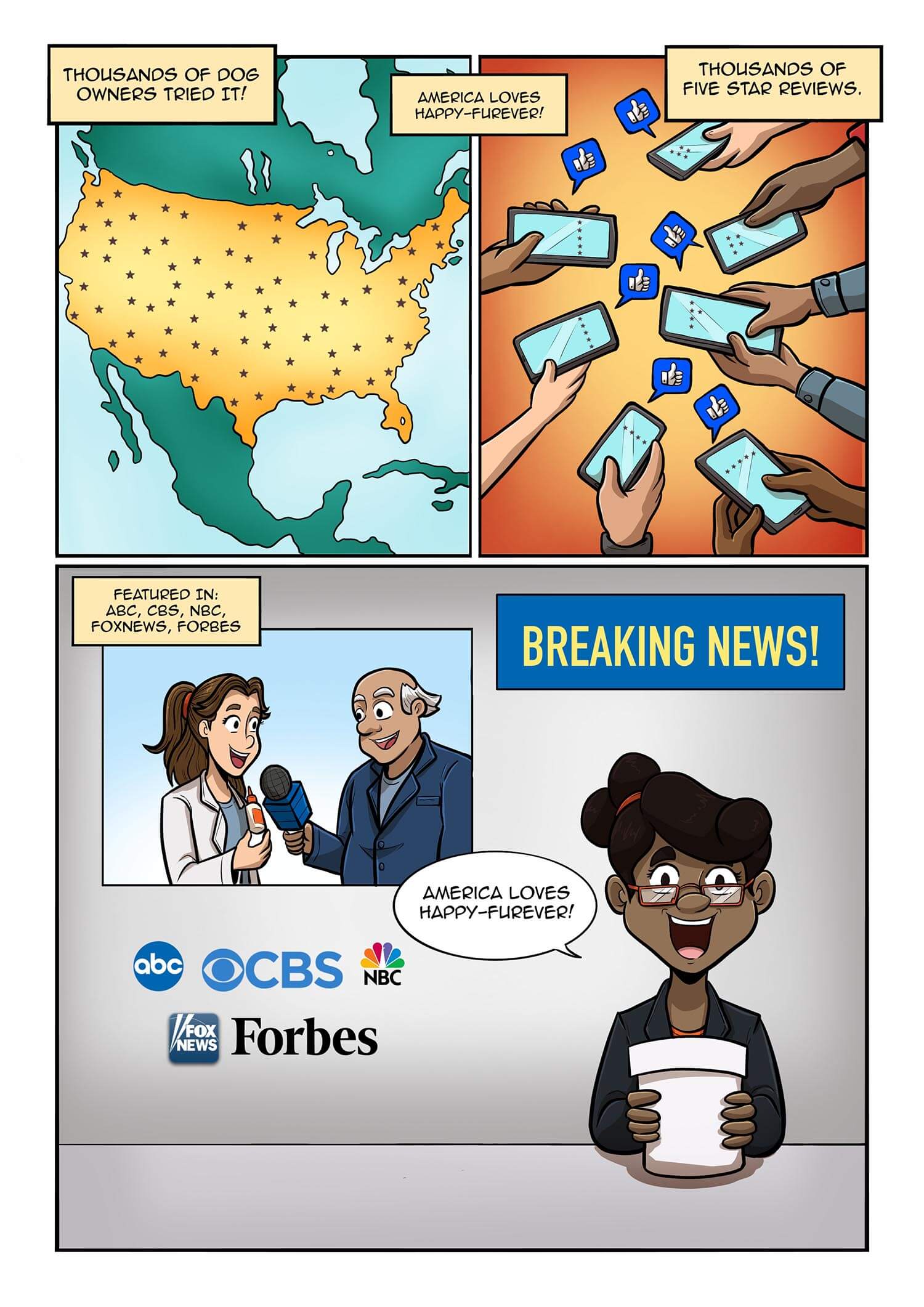 Comic showing Happy-Furever dog product receiving five-star reviews and media attention from major news outlets.