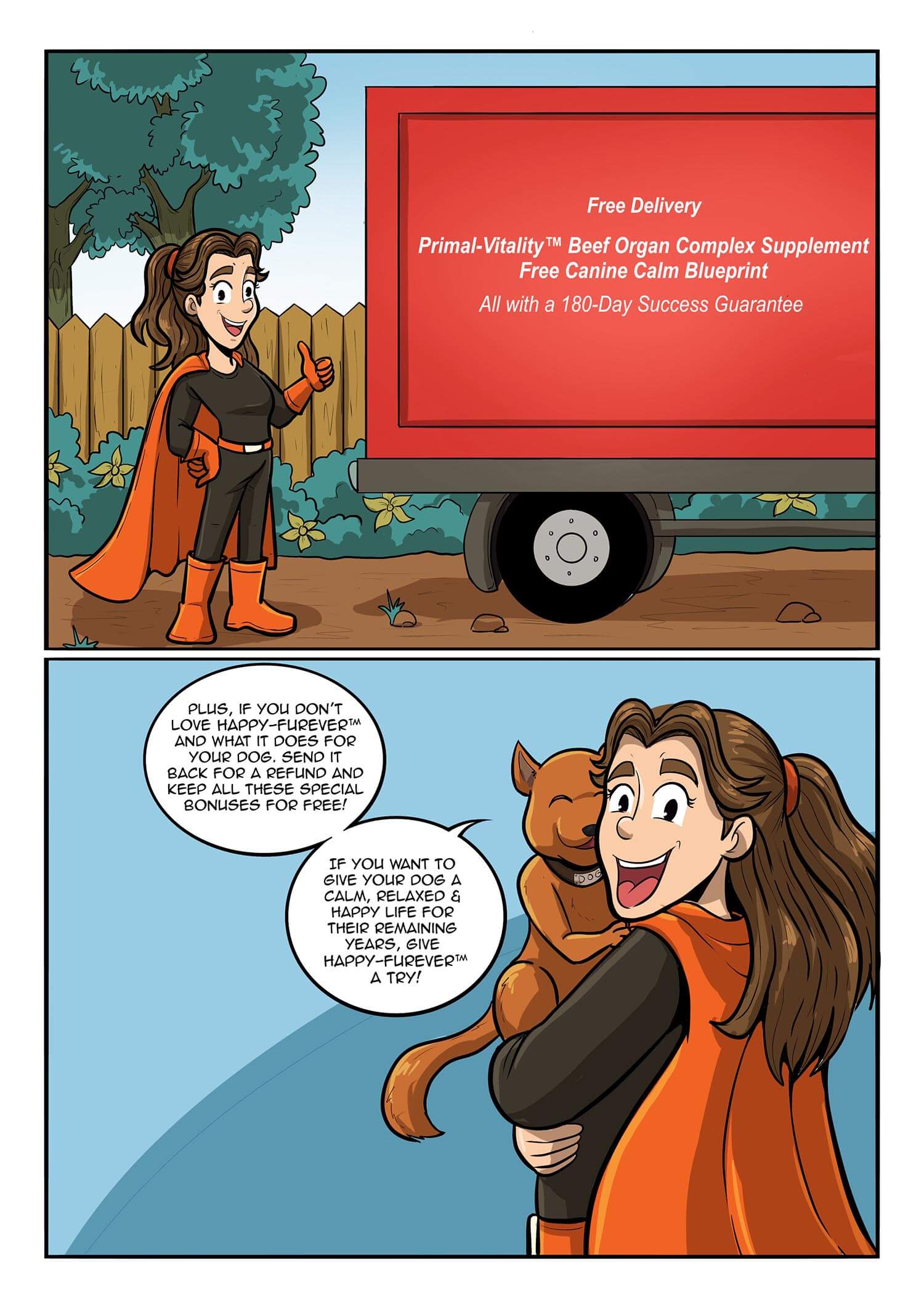 Cartoon woman in superhero costume, and dog, endorsing a canine supplement with a happy expression.