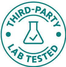 'Third-party lab tested badge with a checkmark in a flask.'