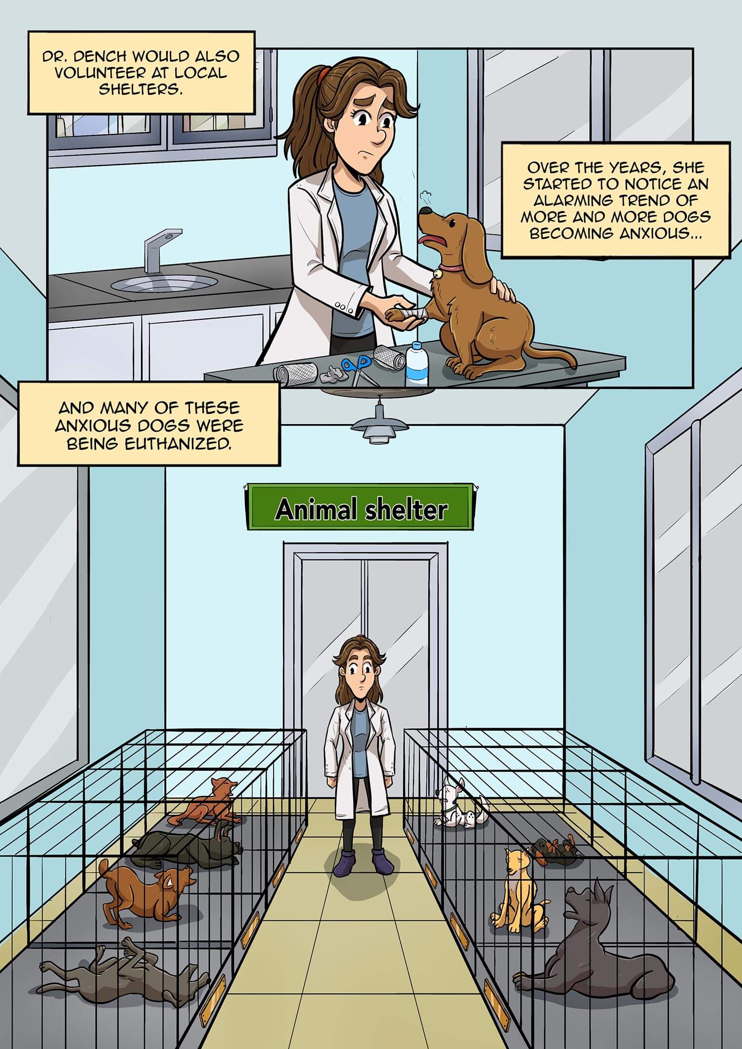 A worried veterinarian observes anxious dogs in an animal shelter, some on an examination table.
