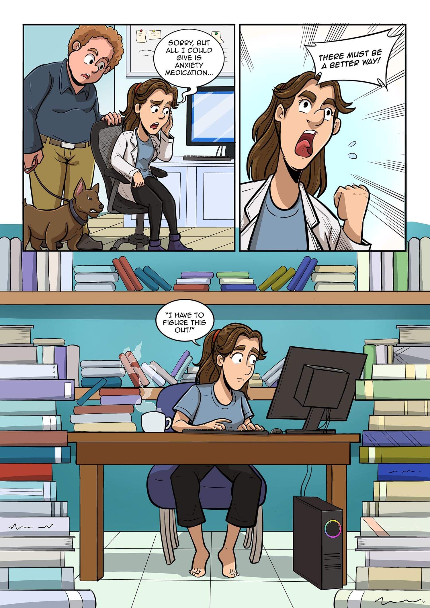 Comic character searches for an alternative to anxiety medication, surrounded by books at a computer.