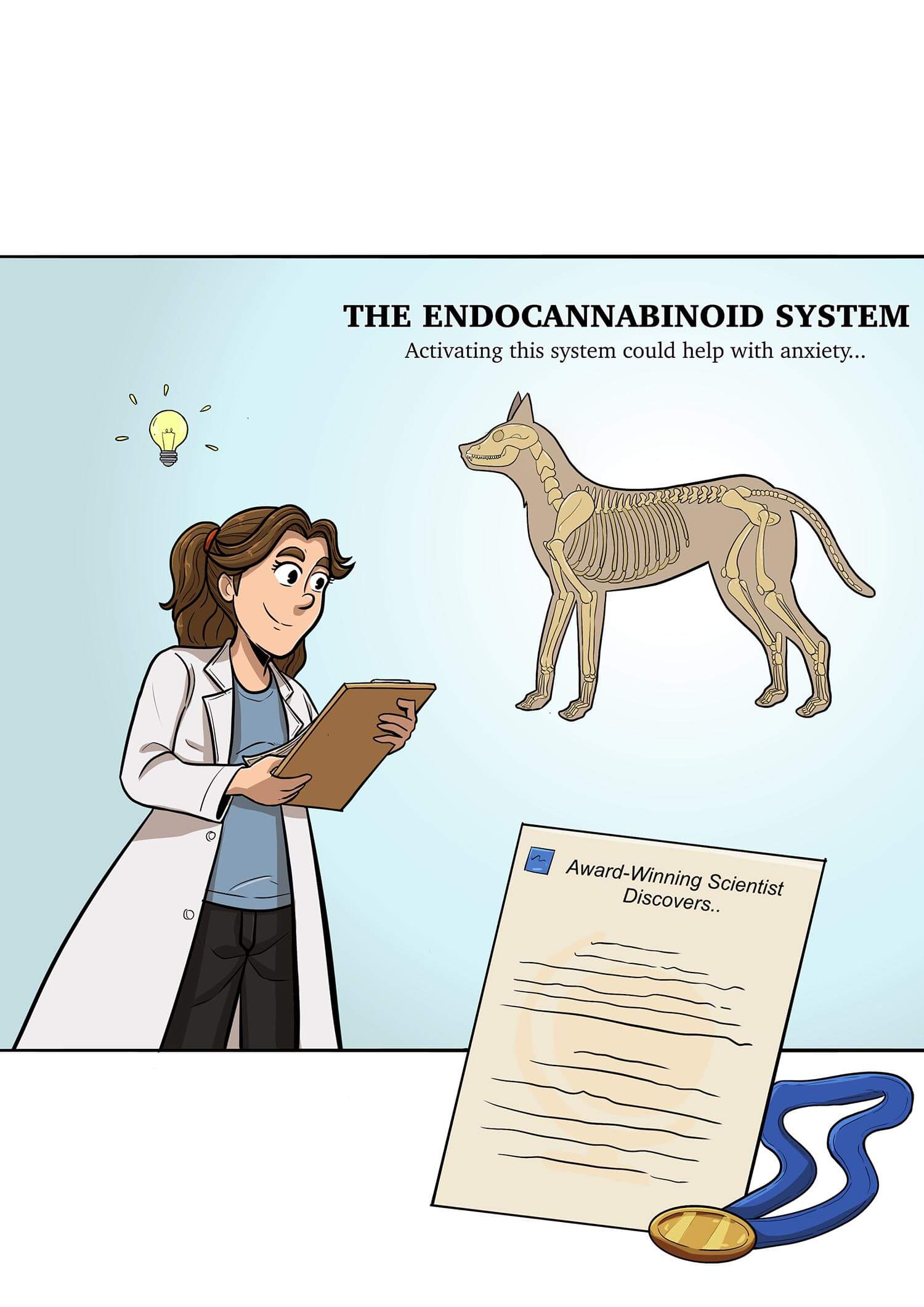 Cartoon scientist studies a dog's skeleton, highlighting the endocannabinoid system's role in anxiety.