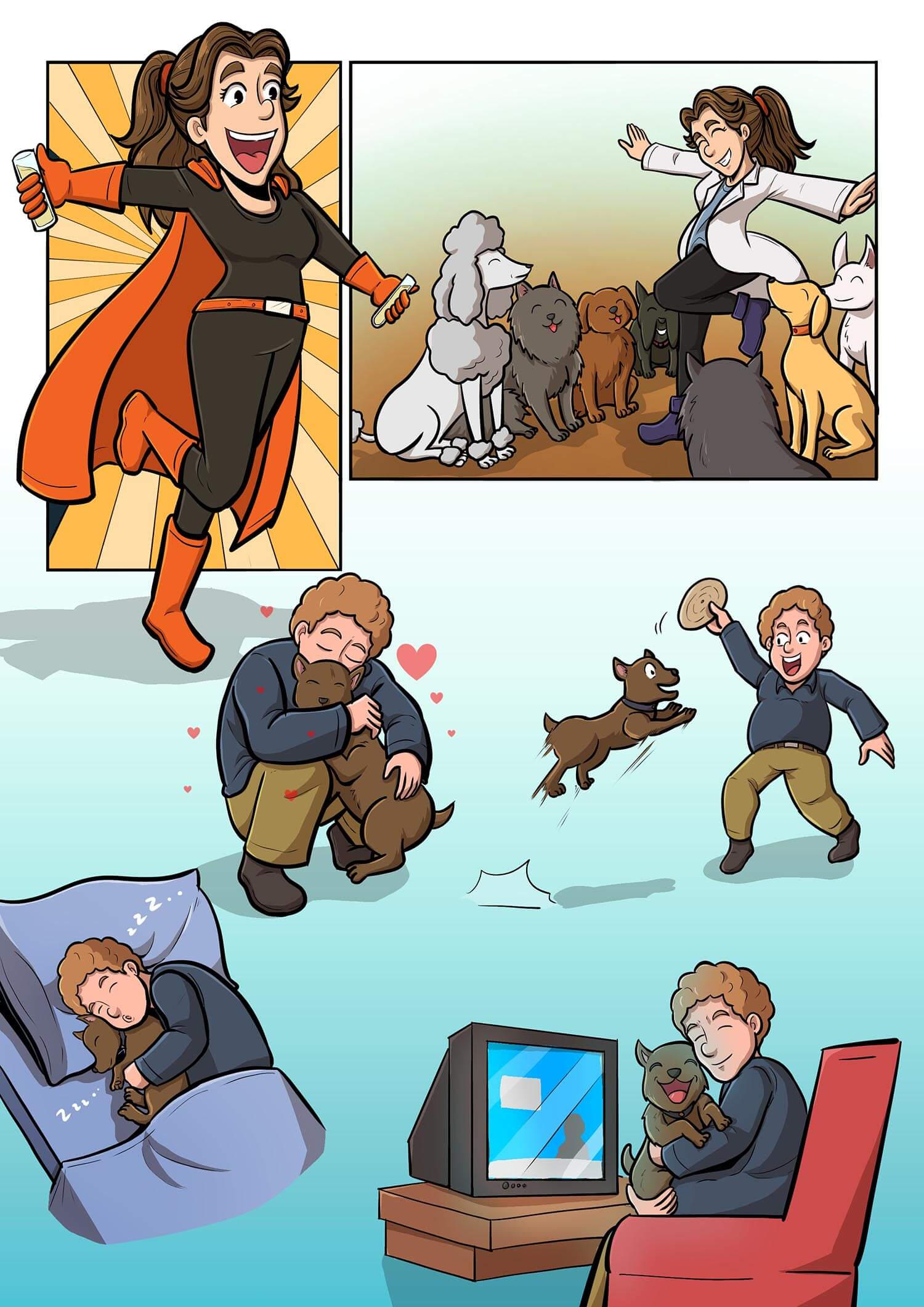 Cartoon scenes of people interacting joyfully with dogs in various activities like playing, hugging, and sleeping.