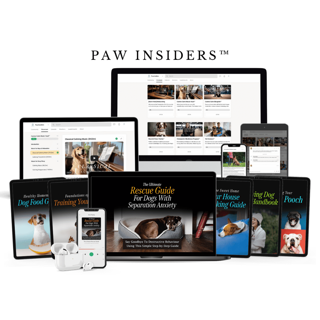 Various digital resources displayed on electronic devices for dog training, food guides, and handling separation anxiety.