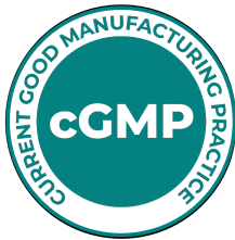 Circular 'cGMP' logo for Current Good Manufacturing Practice in teal and white.