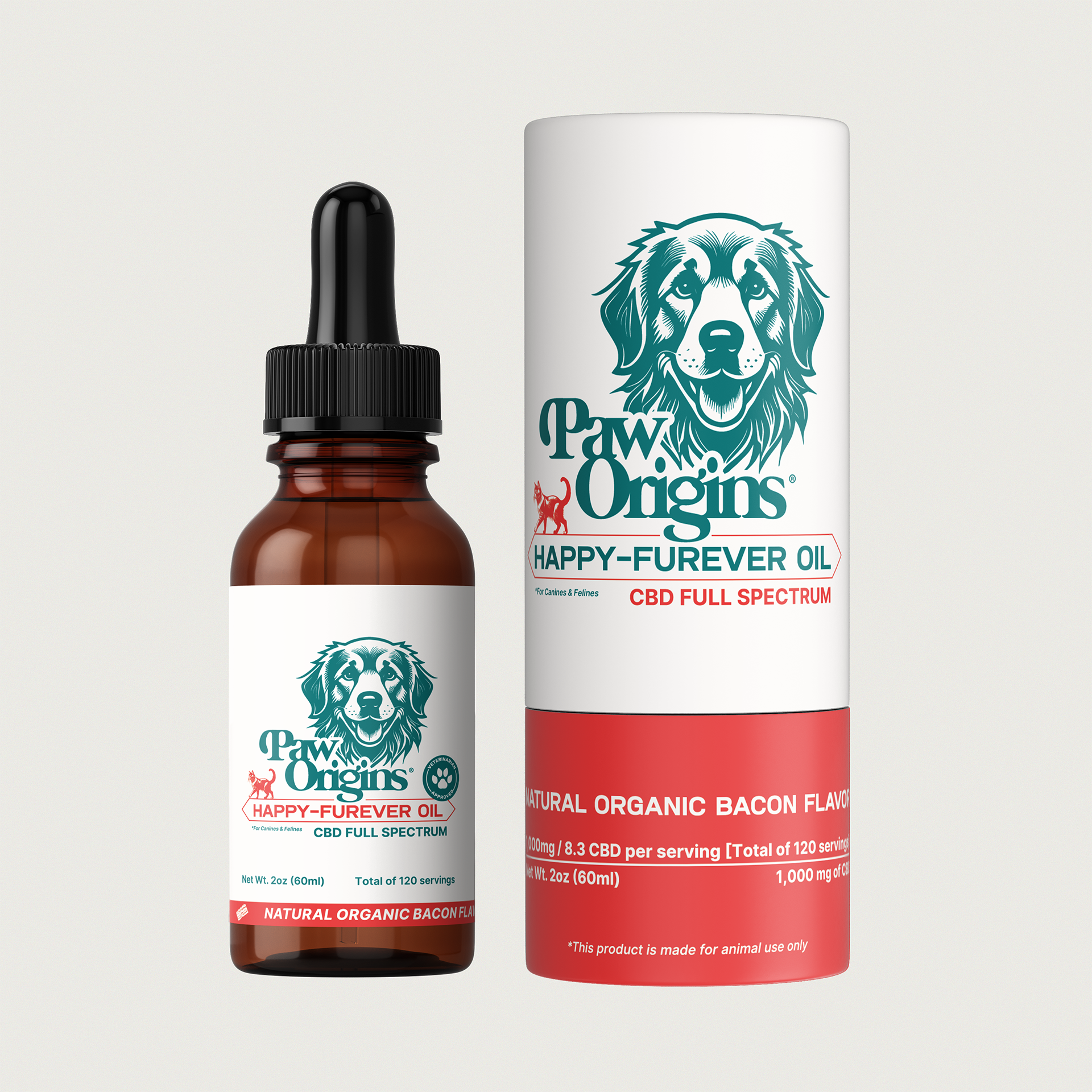 CBD oil bottle labeled 'Paw Origins Happy-Furever Oil' for canines and felines.