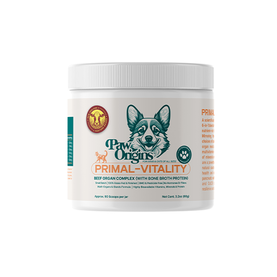 'Paw Origins Primal Vitality pet supplement container with beef organ complex and bone broth protein.'