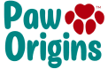'Paw Origins' logo in stylized black text on a white background.