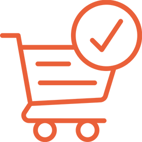 Orange shopping cart with a checkmark symbol inside.