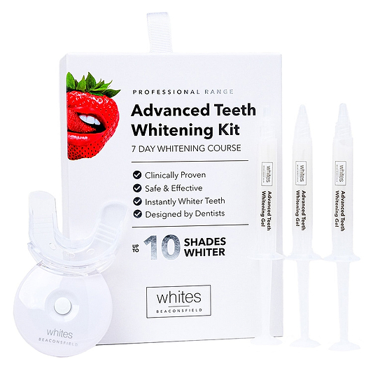 Teeth whitening gels refill pack with 3 syringes next to packaging and UV lamp