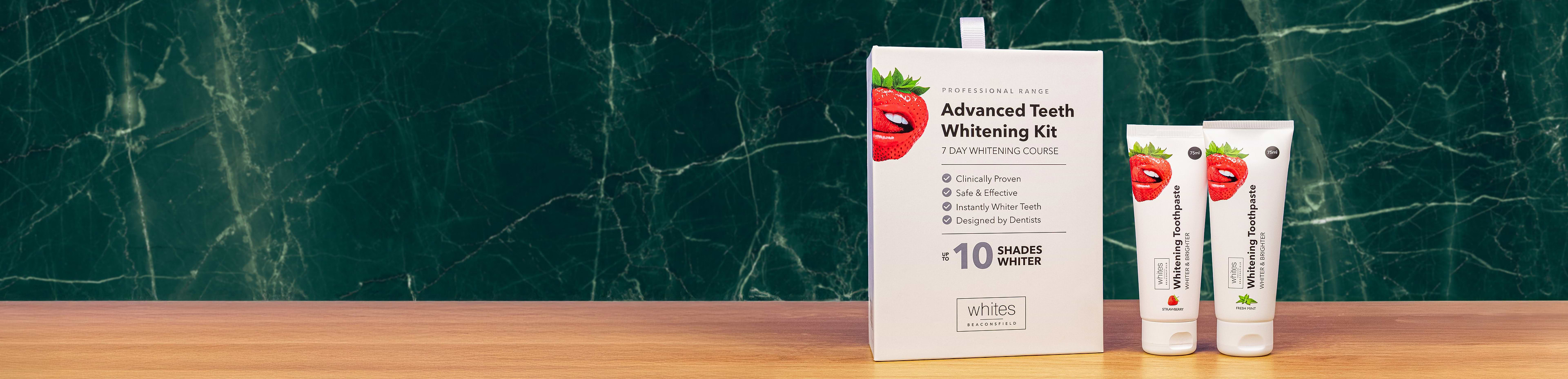Promo banner for whitening kit and toothpaste