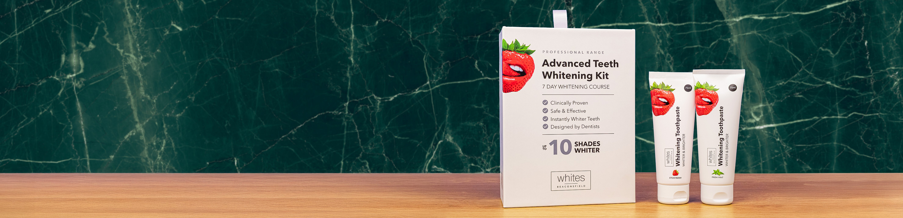 Promo banner for whitening kit and toothpaste 