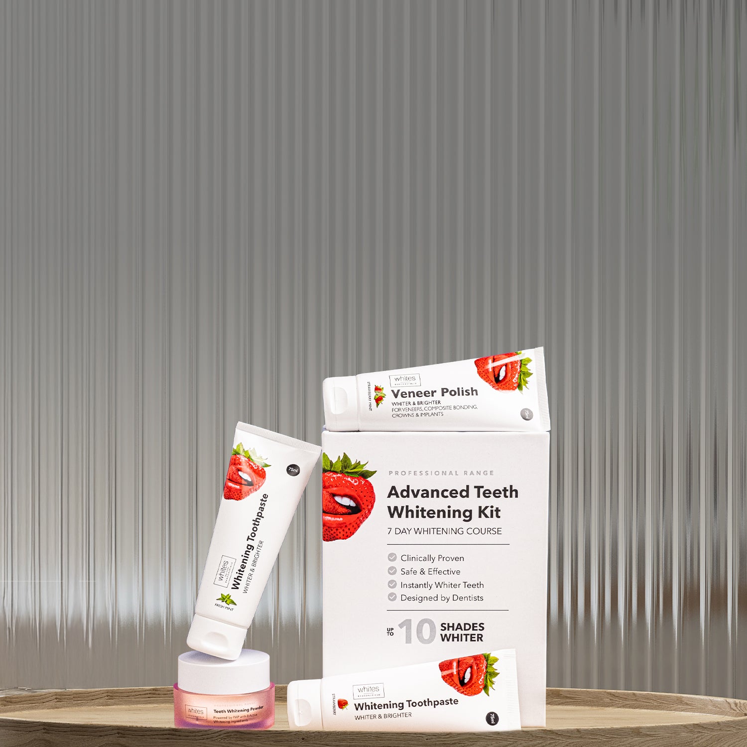 Home page banner, made in the UK, toothpaste, veneer polish, whitening kit, whitening powder